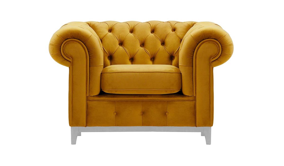 Fauteuil Chesterfield Grand, moutarde - Velluto 8, Couleur des pieds: Blanc
