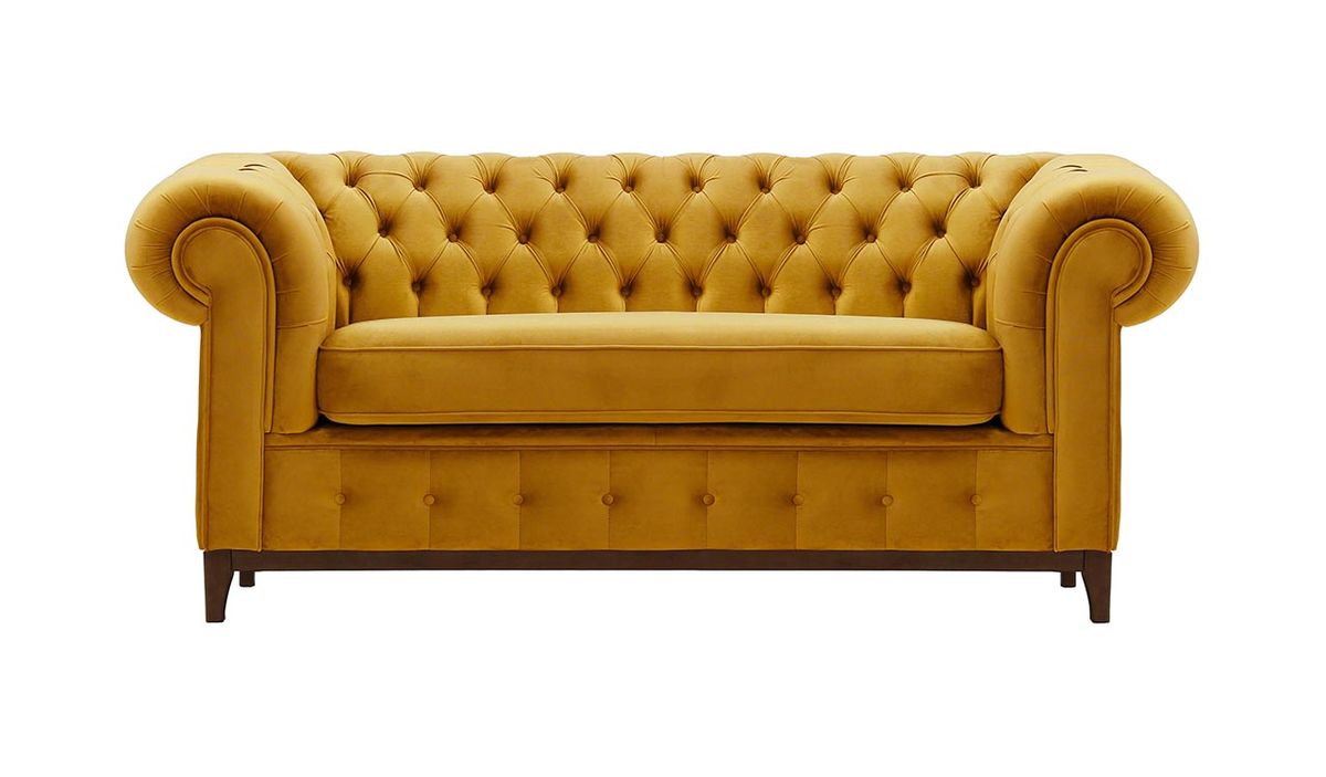 Canapé deux places Chesterfield Grand, moutarde - Velluto 8, Couleur des pieds: Chêne foncé