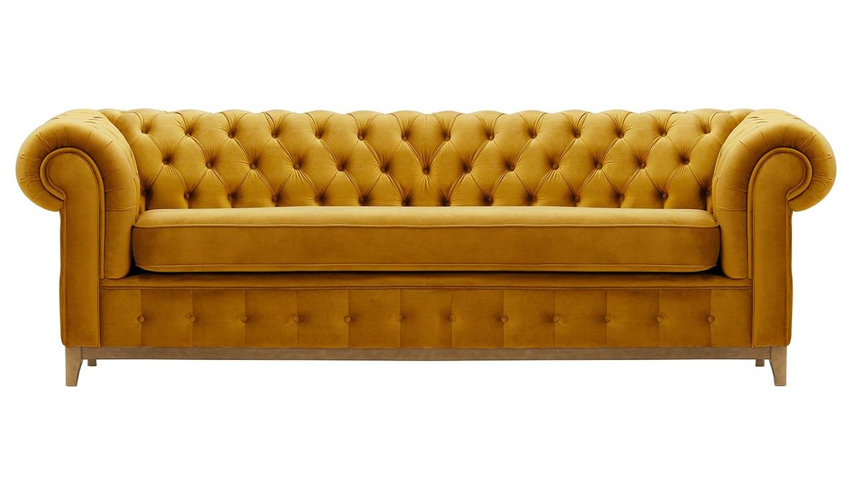 Canapé trois places Chesterfield Grand, moutarde - Velluto 8, Couleur des pieds: Chêne clair