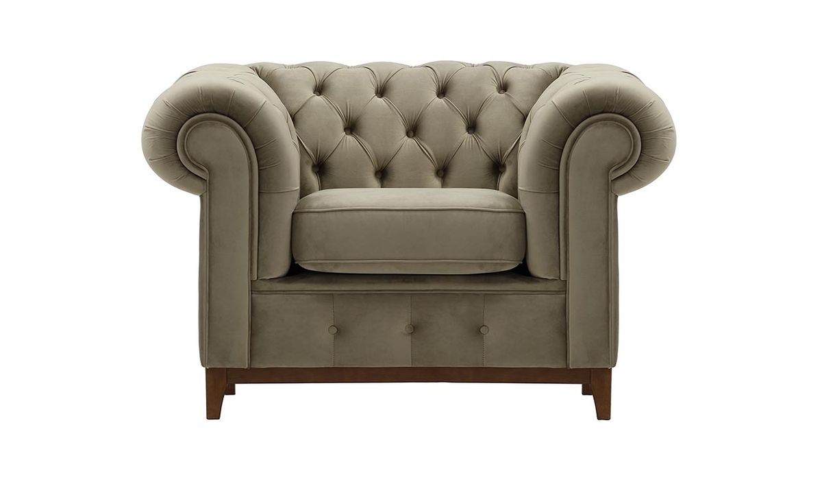 Fauteuil Chesterfield Grand, beige - Velluto 3, Couleur des pieds: Chêne foncé