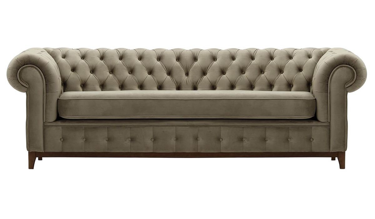 Canapé trois places Chesterfield Grand, beige - Velluto 3, Couleur des pieds: Chêne foncé