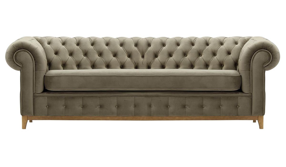 Canapé trois places Chesterfield Grand, beige - Velluto 3, Couleur des pieds: Chêne clair