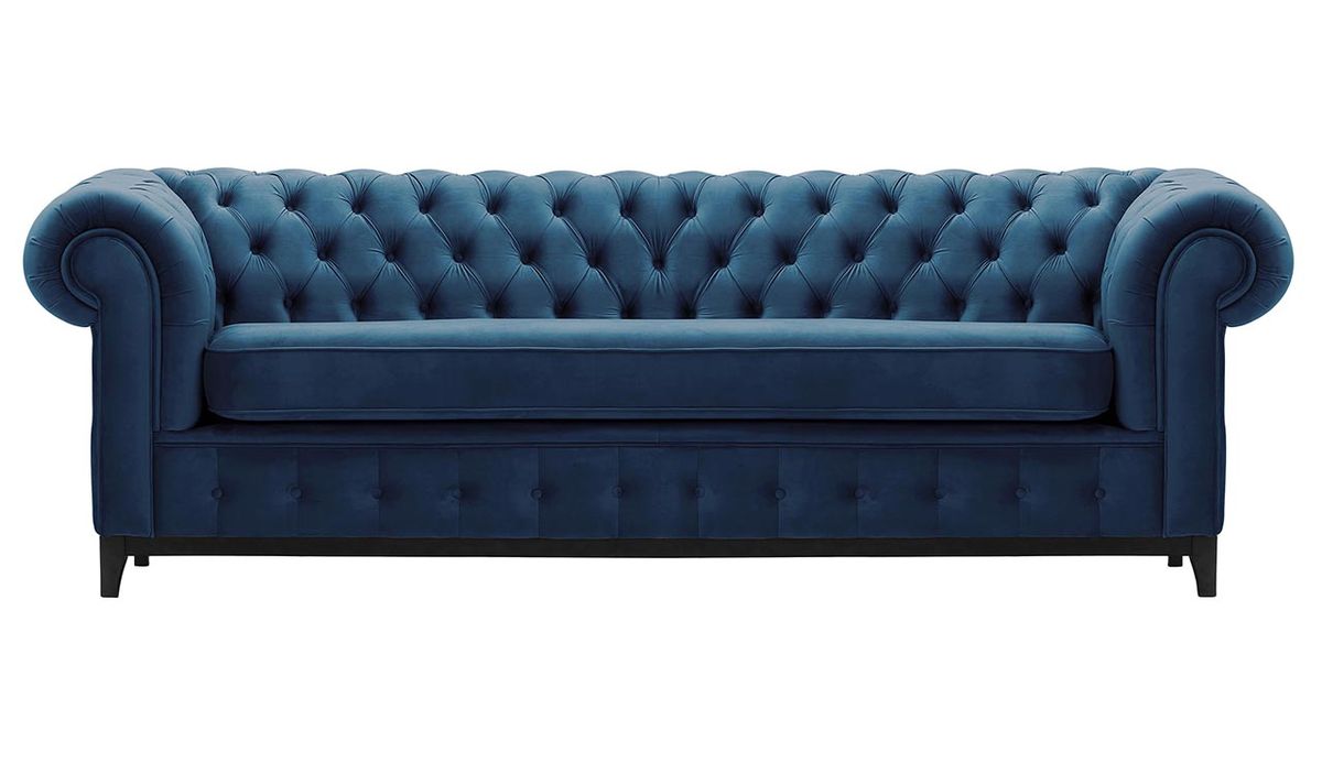 Canapé trois places Chesterfield Grand, bleu - Velluto 11, Couleur des pieds: Noir