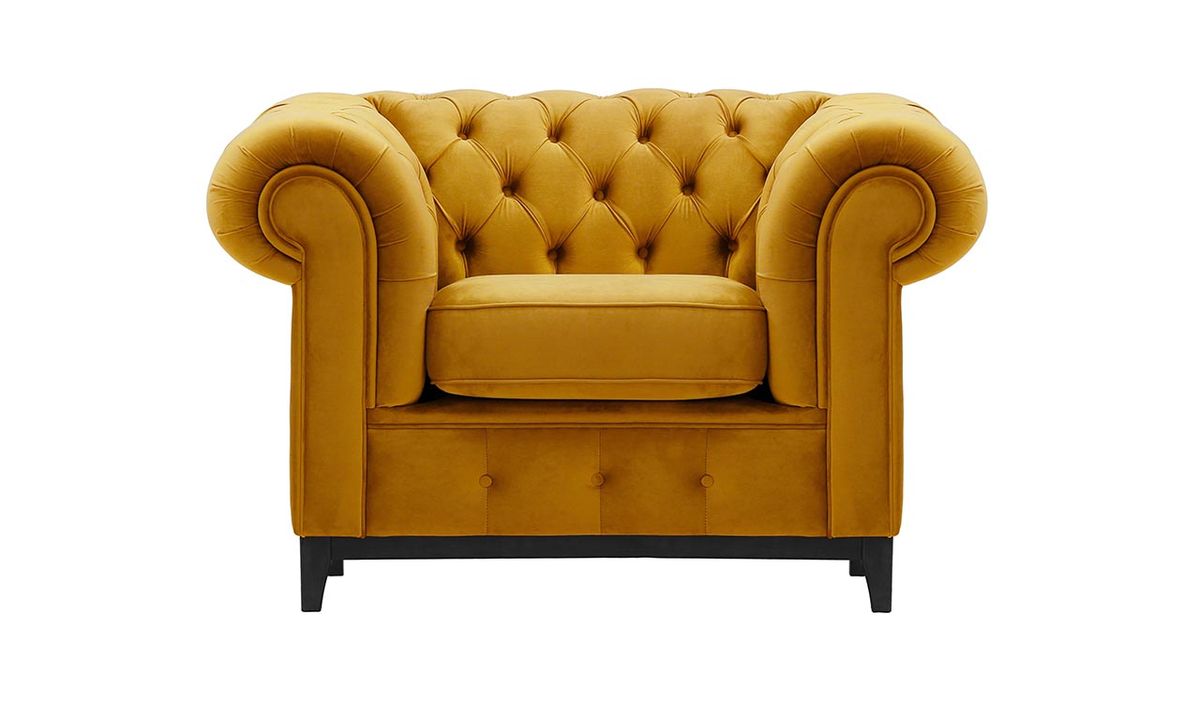 Fauteuil Chesterfield Grand, moutarde - Velluto 8, Couleur des pieds: Noir