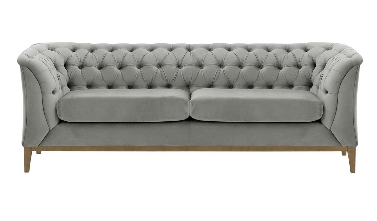 Canapé 2,5 places Chesterfield Modern Wood, gris clair - Velluto 15, Couleur des pieds: Noir wax