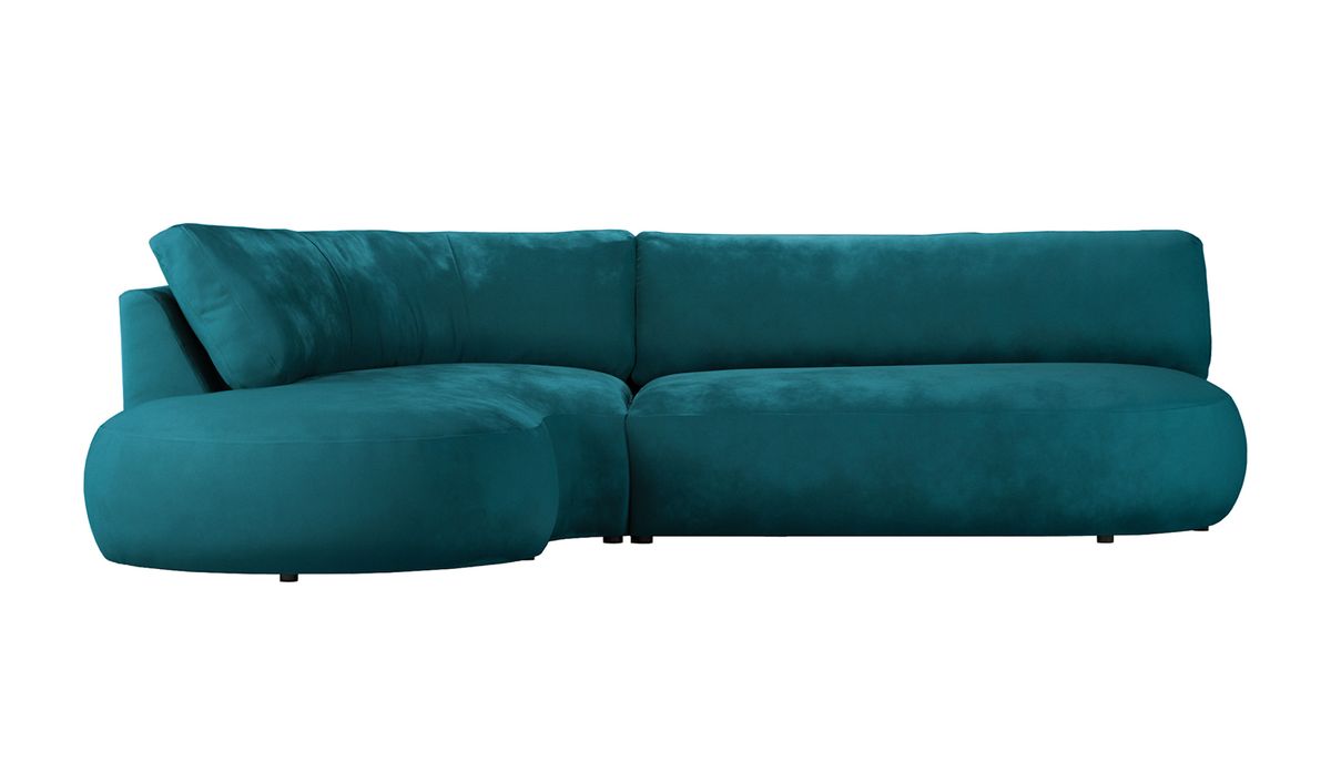 Canapé d’angle gauche minimaliste Ace à forme arrondie, Velluto 36 - Bleu paon