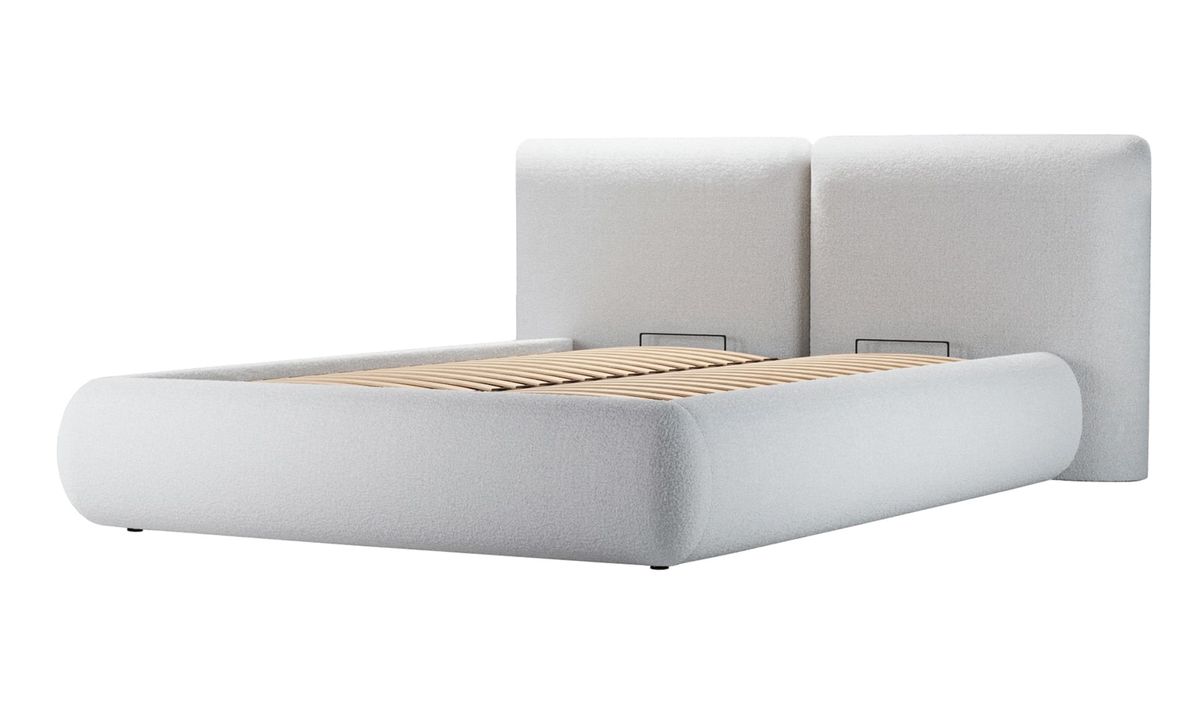 Lit rembourré Agape 140x200cm avec sommier relevable et coffre de rangement, Teddy dove - gris clair