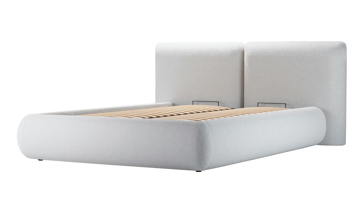 Lit rembourré Agape 160x200cm avec sommier relevable et coffre de rangement, Teddy dove - gris clair