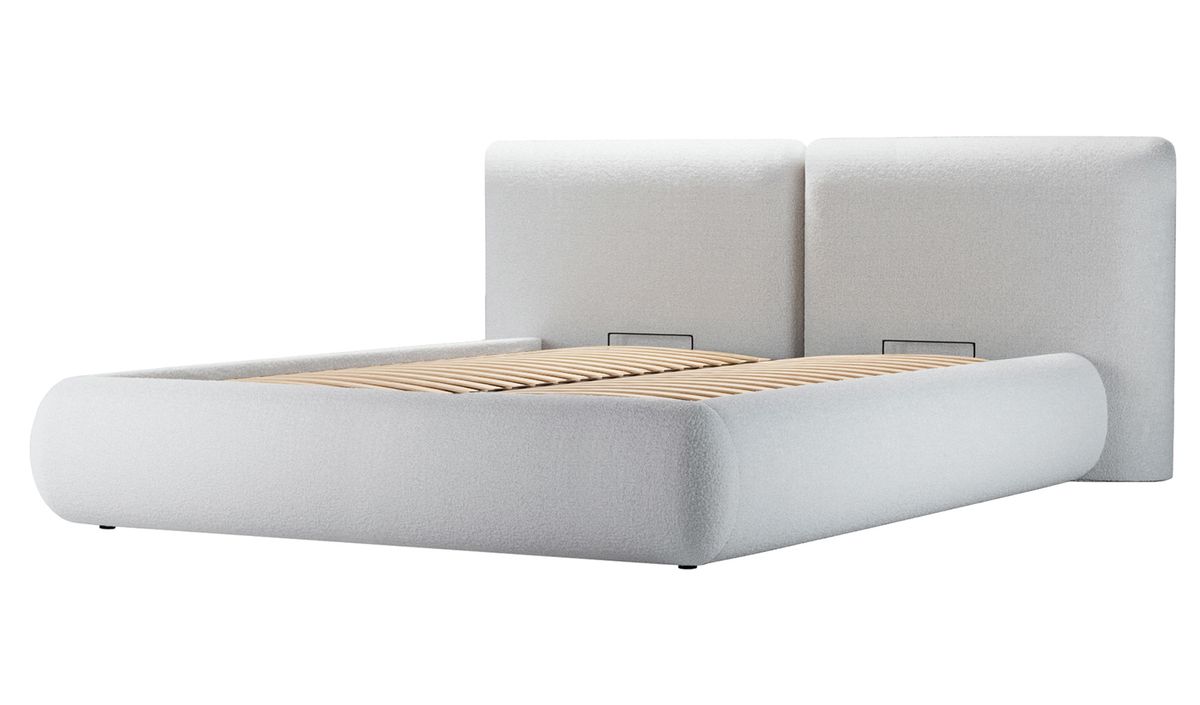 Lit rembourré Agape 180x200cm avec sommier relevable et coffre de rangement, Teddy dove - gris clair