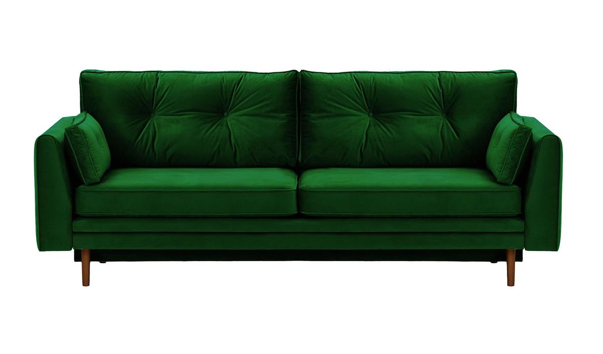 Canapé convertible avec coffre de rangement Amelia, vert foncé - Velluto 10, Couleur des pieds: Chêne foncé