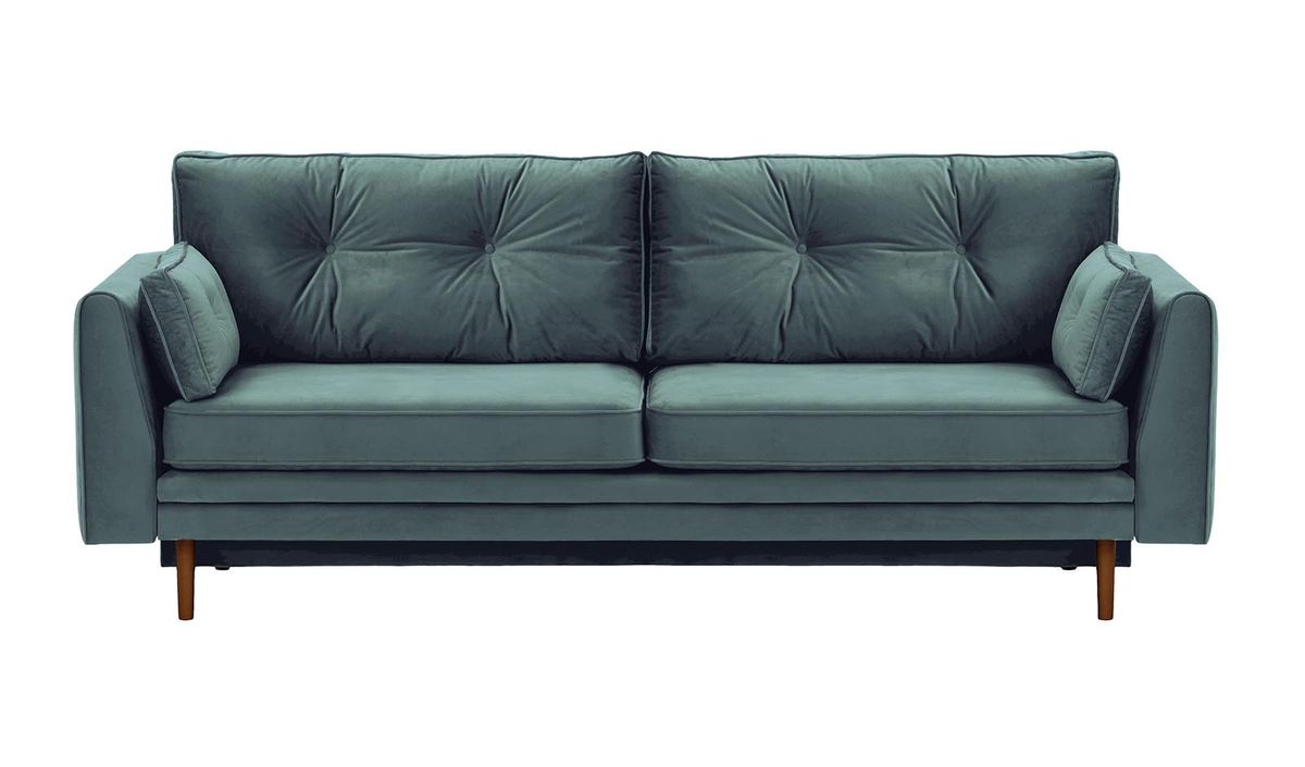 Canapé convertible avec coffre de rangement Amelia, bleu - Velluto 12, Couleur des pieds: Chêne foncé