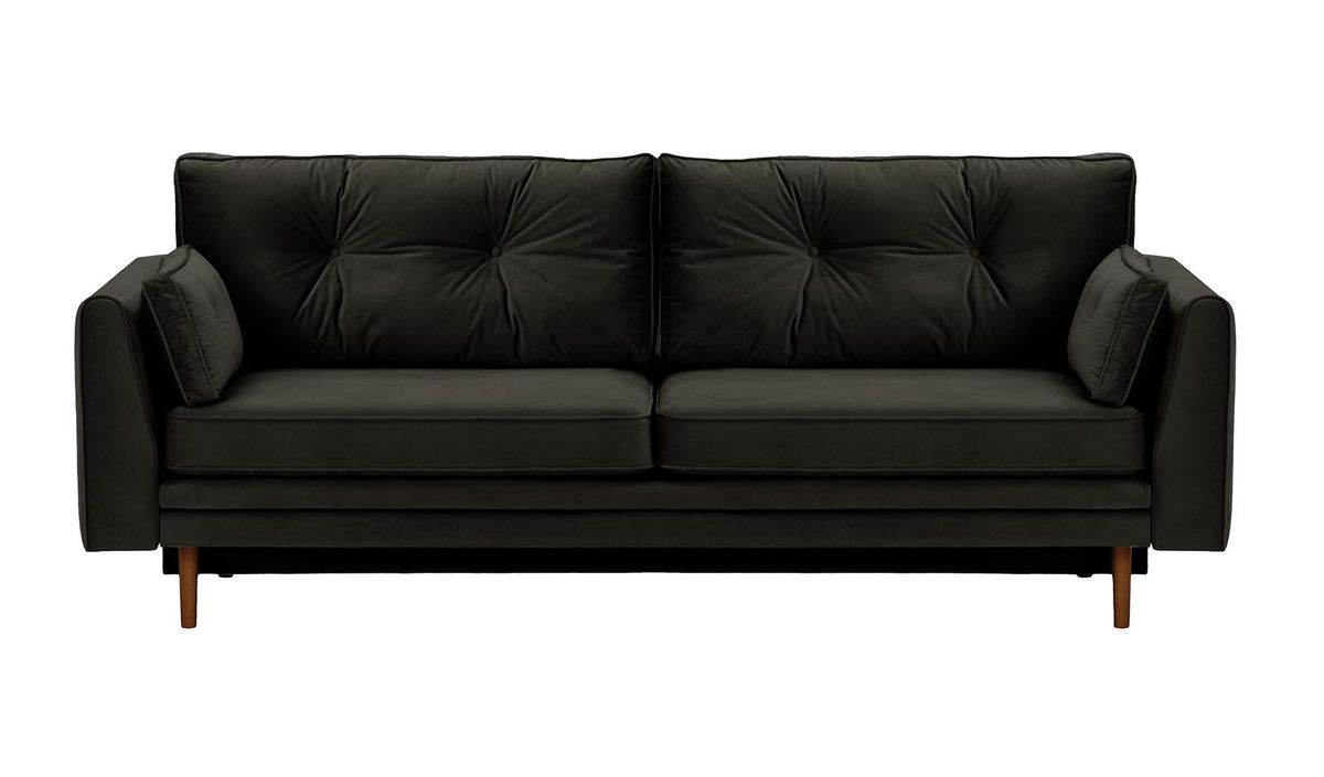 Canapé convertible avec coffre de rangement Amelia, noir - Velluto 20, Couleur des pieds: Chêne foncé