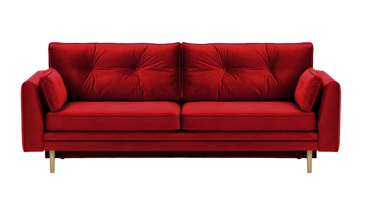 Canapé convertible avec coffre de rangement Amelia, rouge - Velluto 7, Couleur des pieds: Noir wax