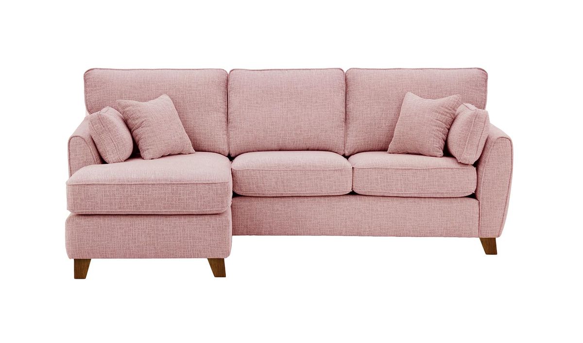 Canapé d’angle gauche James, Vitolini 336-1036 - Rose, Couleur des pieds: Chêne foncé