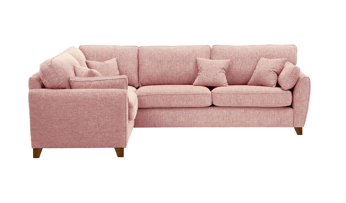 Grand canapé d’angle gauche James, Vitolini 336-1036 - Rose, Couleur des pieds: Chêne foncé