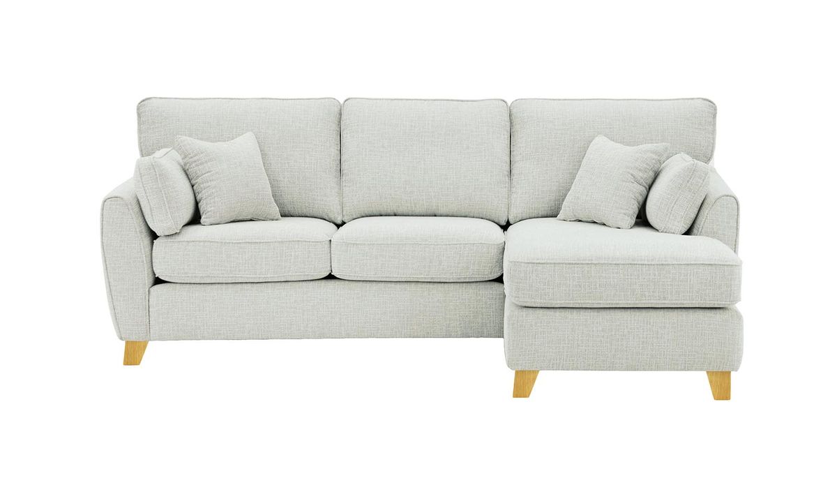 Canapé d’angle droit James, Vitolini 361-0104 - Blanc, Couleur des pieds: Chêne clair