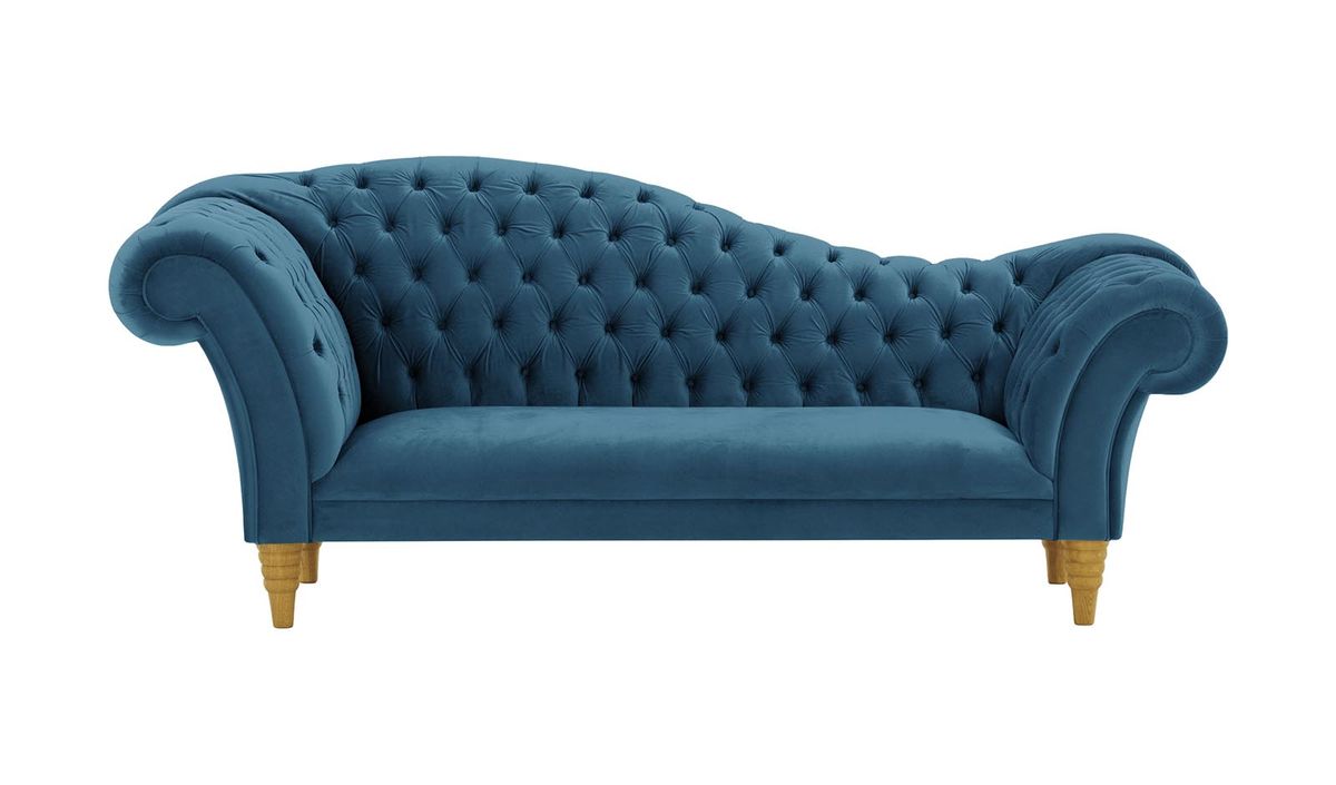 Canapé chaise longue Chester, bleu - Velluto 11, Couleur des pieds: Chêne clair
