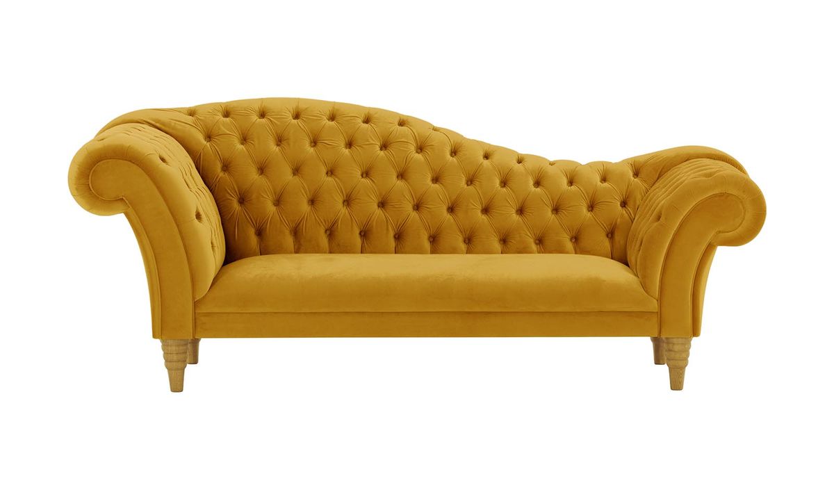 Canapé chaise longue Chester, moutarde - Velluto 8, Couleur des pieds: Chêne clair