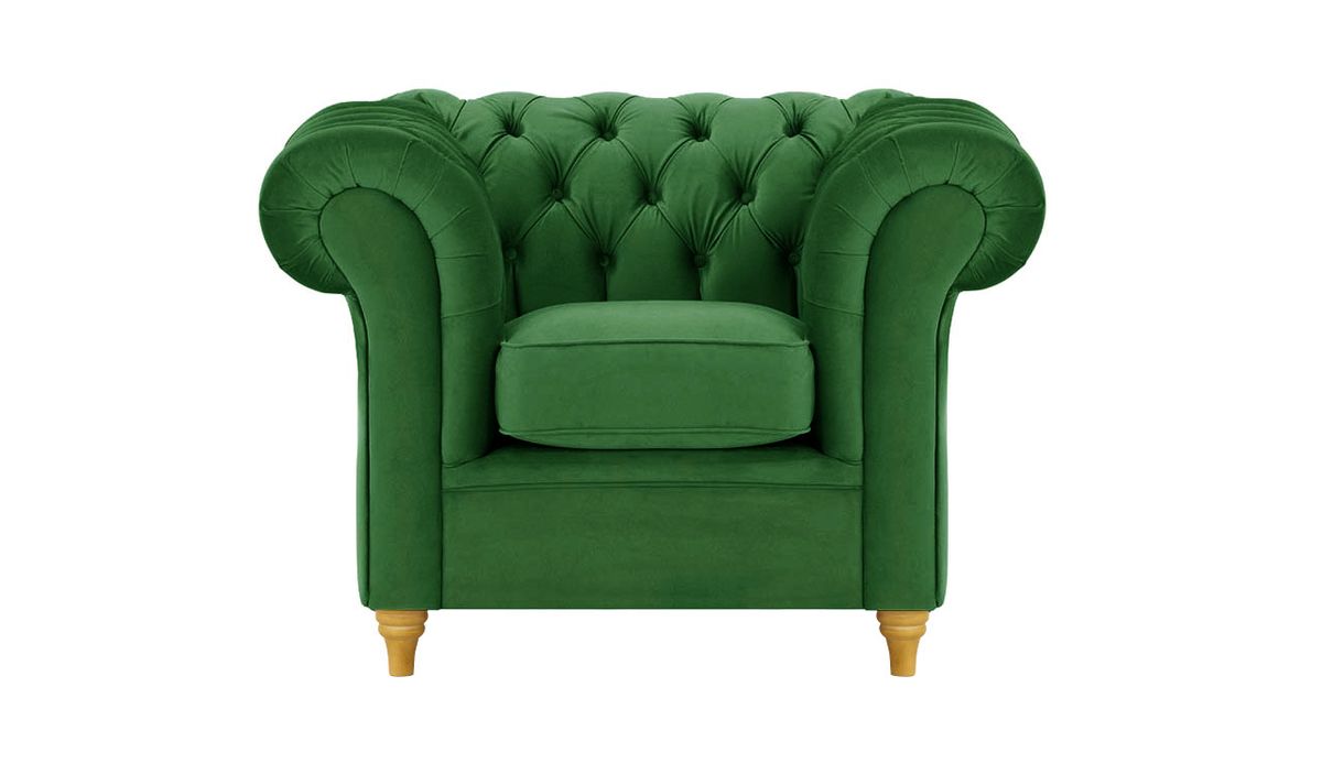 Fauteuil Chesterfield, vert foncé - Velluto 10, Couleur des pieds: Chêne clair