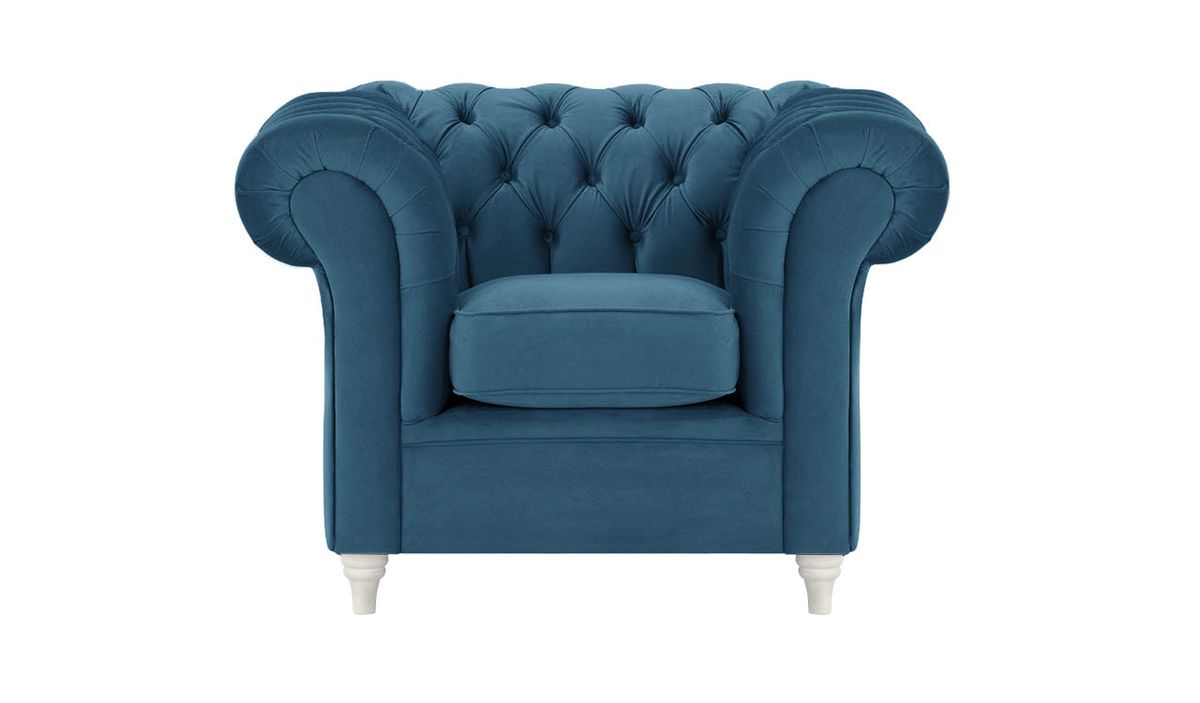 Fauteuil Chesterfield, bleu - Velluto 11, Couleur des pieds: Blanc