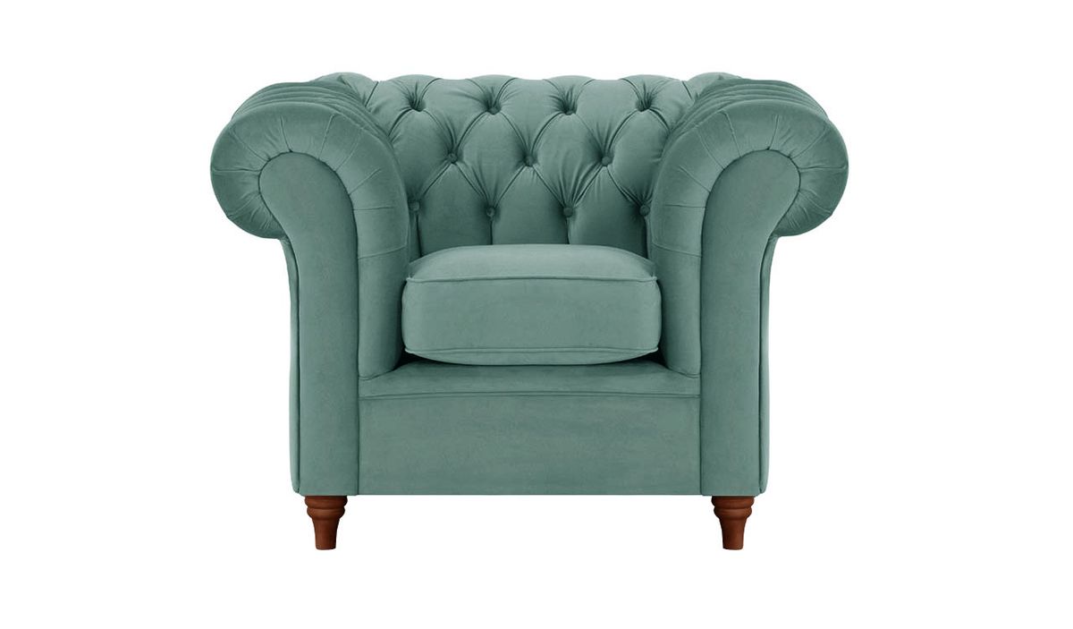 Fauteuil Chesterfield, bleu - Velluto 12, Couleur des pieds: Chêne foncé