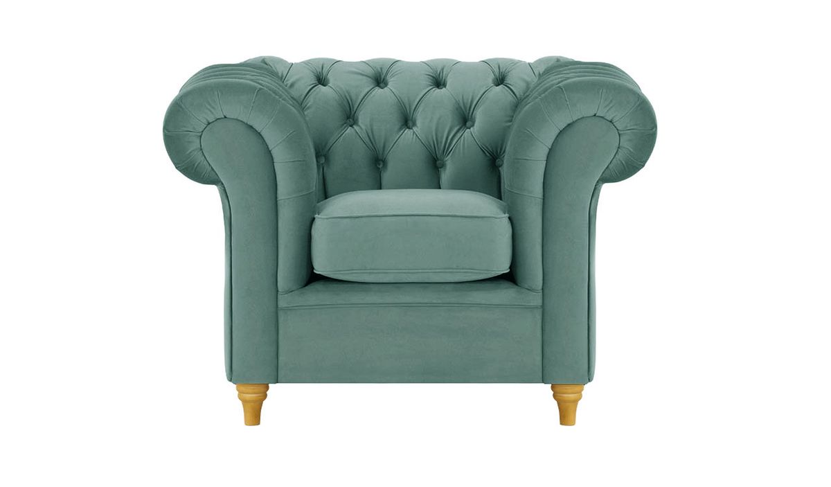 Fauteuil Chesterfield, bleu - Velluto 12, Couleur des pieds: Chêne clair