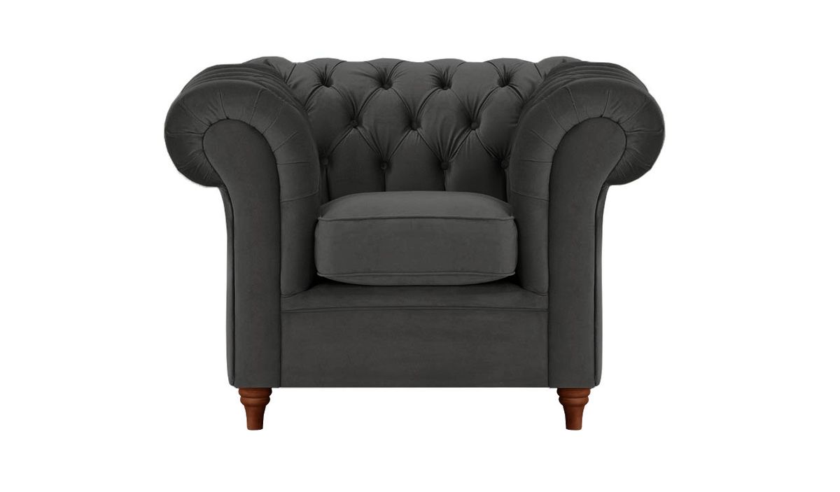 Fauteuil Chesterfield, noir - Velluto 20, Couleur des pieds: Chêne foncé