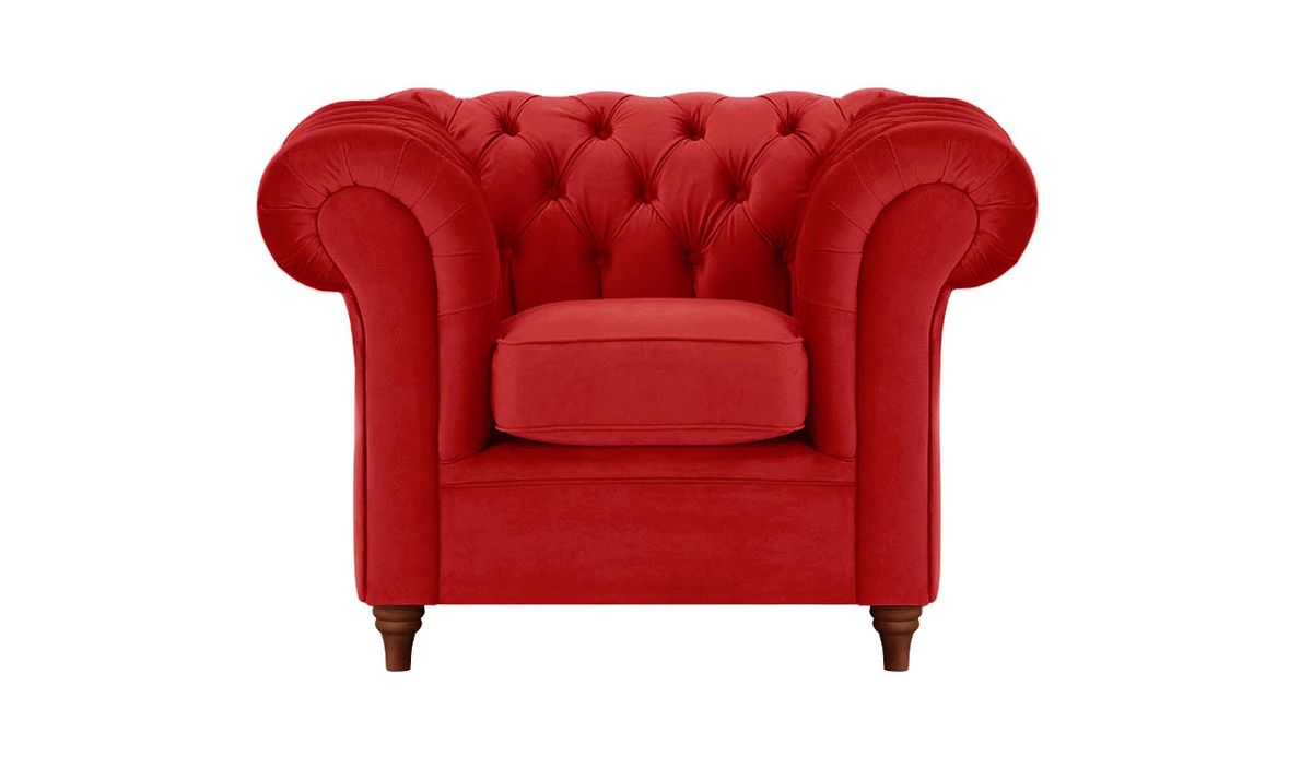 Fauteuil Chesterfield, rouge - Velluto 7, Couleur des pieds: Chêne foncé