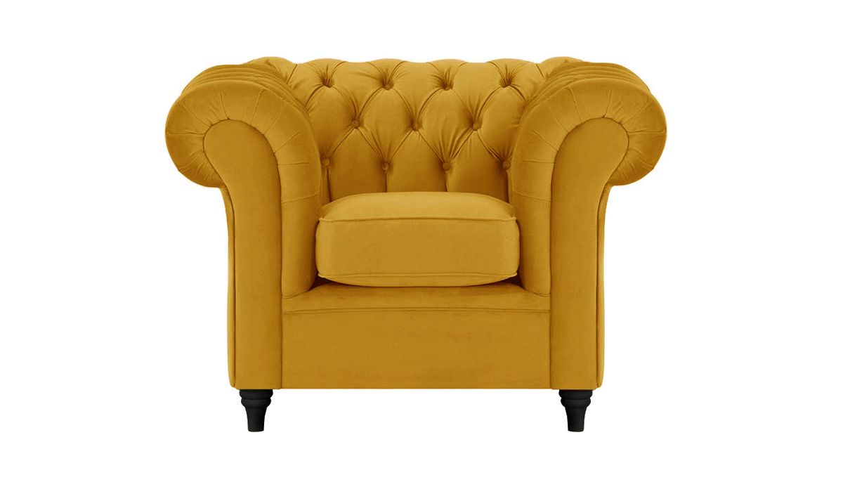 Fauteuil Chesterfield, moutarde - Velluto 8, Couleur des pieds: Noir