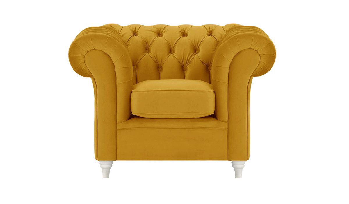 Fauteuil Chesterfield, moutarde - Velluto 8, Couleur des pieds: Blanc