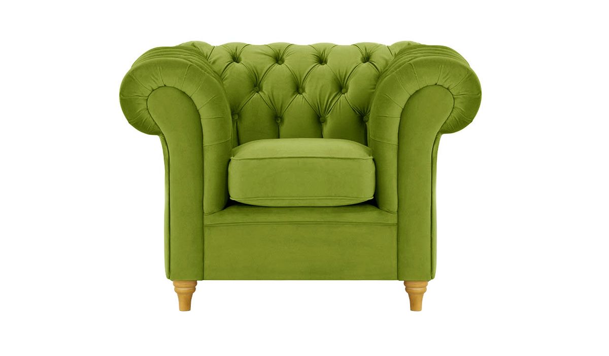 Fauteuil Chesterfield, olive - Velluto 9, Couleur des pieds: Chêne clair