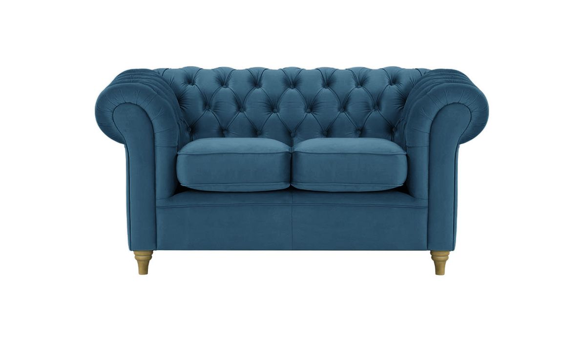 Canapé deux places Chesterfield, bleu - Velluto 11, Couleur des pieds: Noir wax
