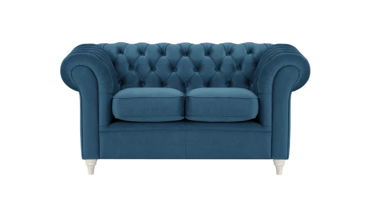 Canapé deux places Chesterfield, bleu - Velluto 11, Couleur des pieds: Blanc