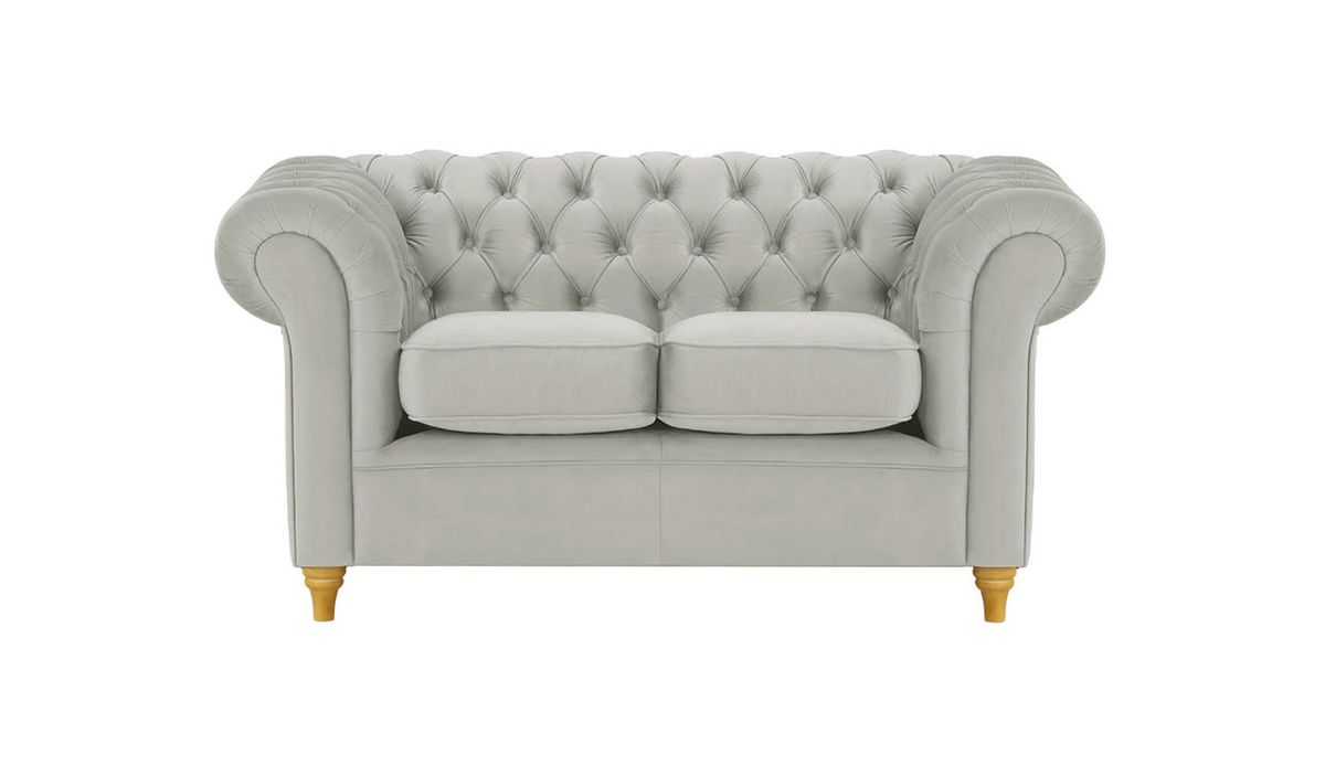 Canapé deux places Chesterfield, gris clair - Velluto 15, Couleur des pieds: Chêne clair