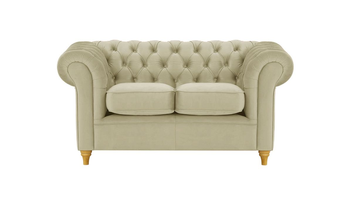 Canapé deux places Chesterfield, beige - Velluto 3, Couleur des pieds: Chêne clair