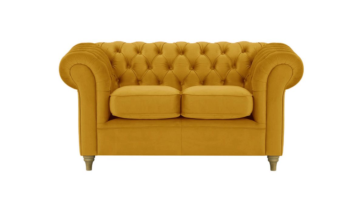 Canapé deux places Chesterfield, moutarde - Velluto 8, Couleur des pieds: Noir wax