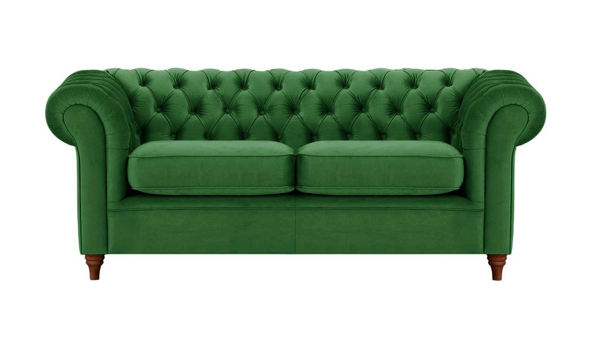Canapé trois places Chesterfield, vert foncé - Velluto 10, Couleur des pieds: Chêne foncé