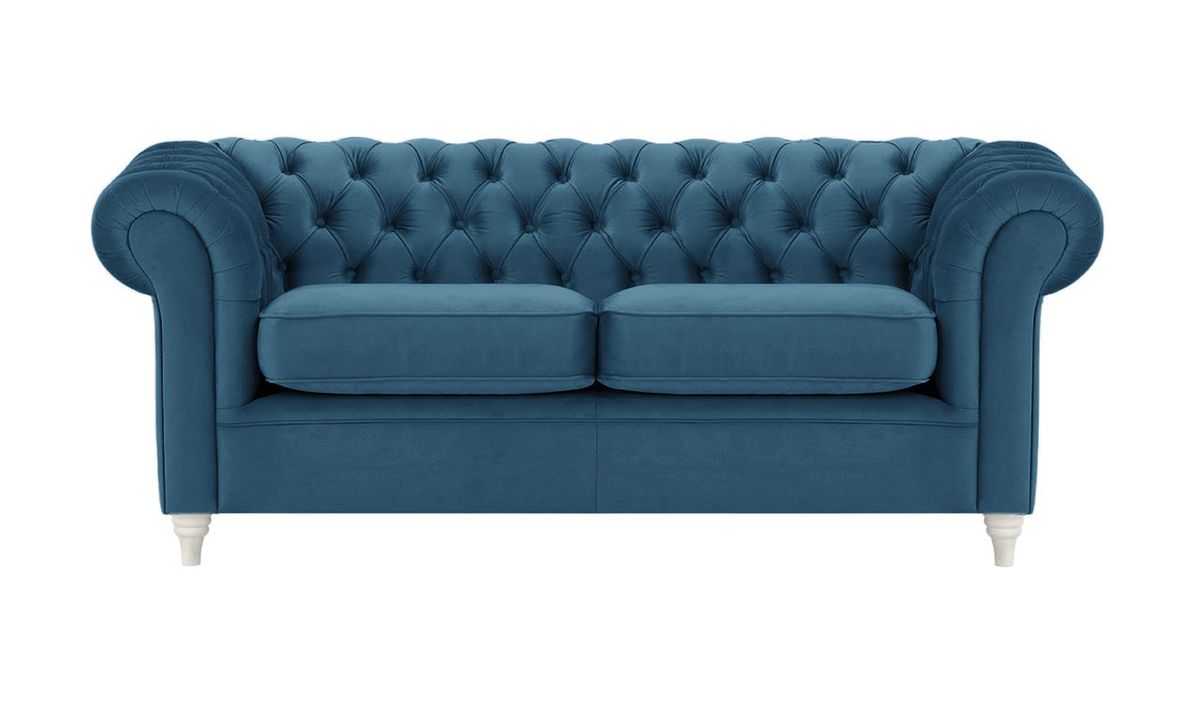 Canapé trois places Chesterfield, bleu - Velluto 11, Couleur des pieds: Blanc