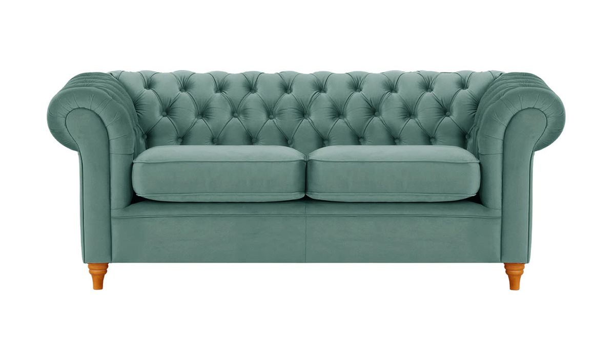 Canapé trois places Chesterfield, bleu - Velluto 12, Couleur des pieds: aveo