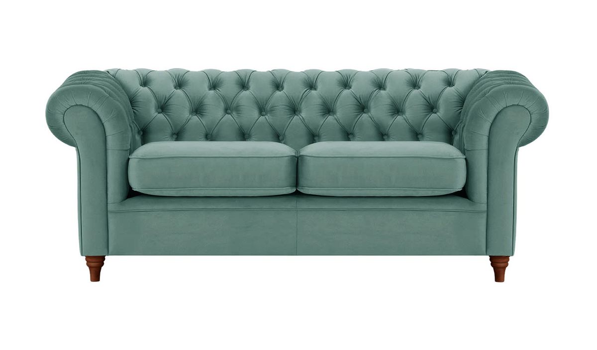 Canapé trois places Chesterfield, bleu - Velluto 12, Couleur des pieds: Chêne foncé