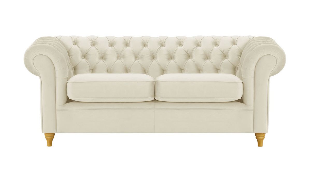 Canapé trois places Chesterfield, beige clair - Velluto 2, Couleur des pieds: Chêne clair