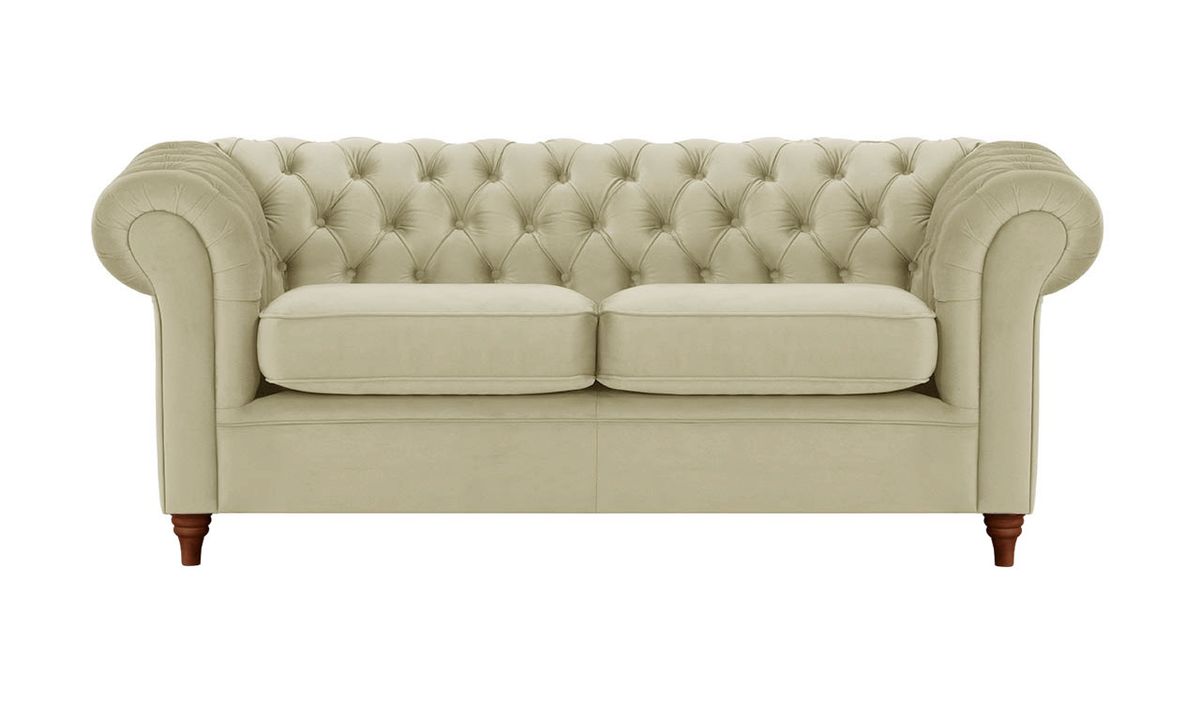 Canapé trois places Chesterfield, beige - Velluto 3, Couleur des pieds: Chêne foncé
