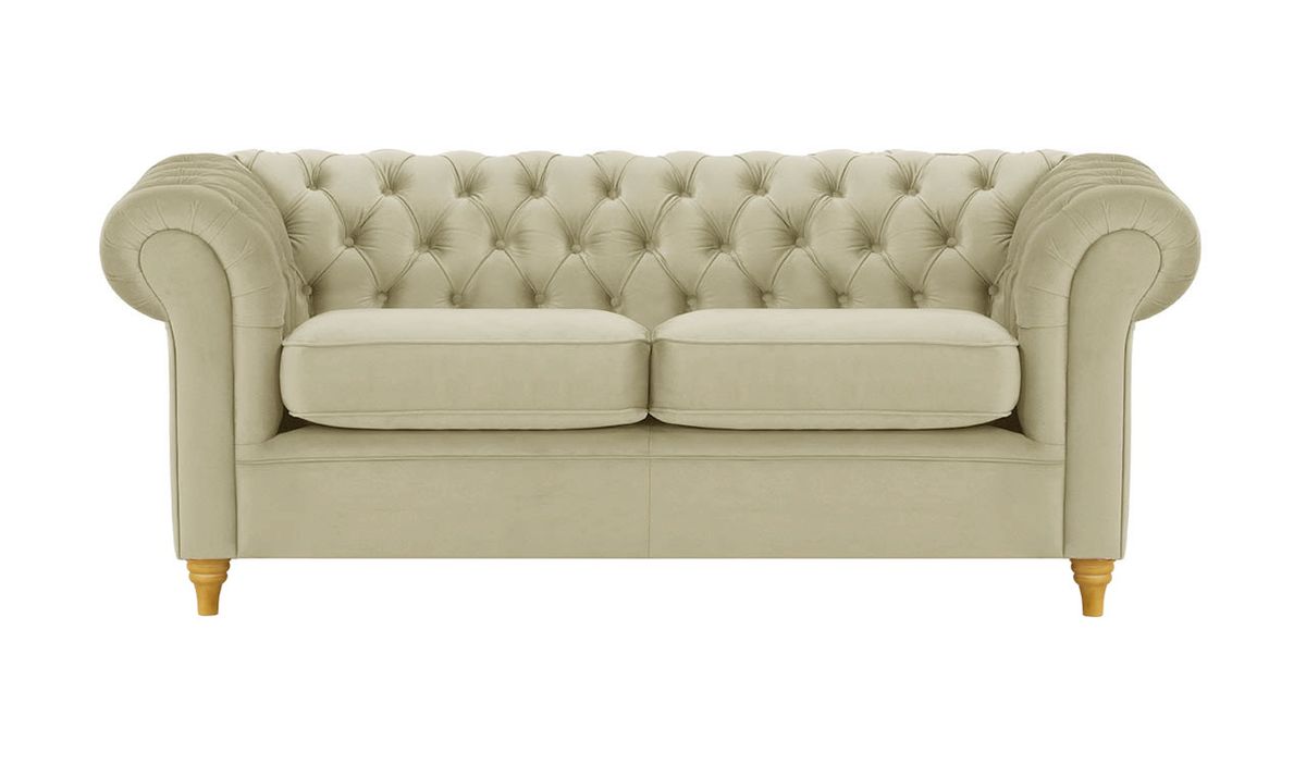 Canapé trois places Chesterfield, beige - Velluto 3, Couleur des pieds: Chêne clair