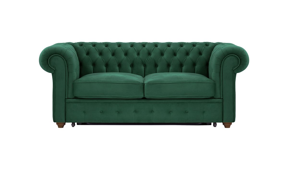 Chesterfield Max Borneo – Canapé deux places convertible, vert foncé - Velluto 10, Couleur des pieds: Chêne foncé