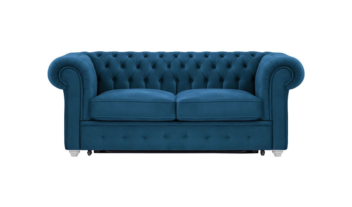 Chesterfield Max Borneo – Canapé deux places convertible, bleu - Velluto 11, Couleur des pieds: Blanc