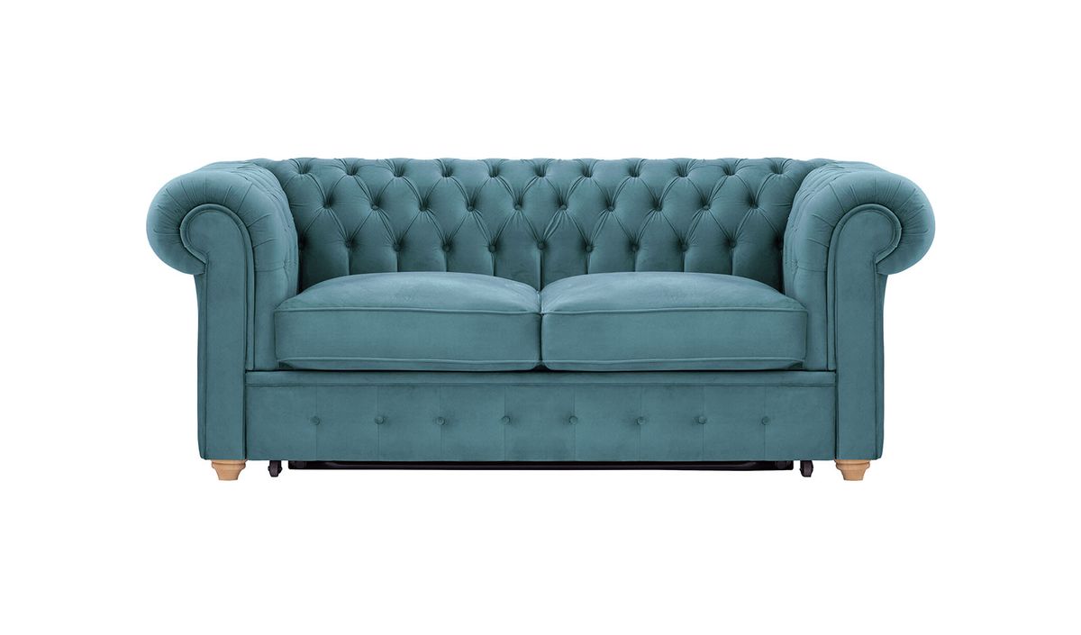 Chesterfield Max Borneo – Canapé deux places convertible, bleu - Velluto 12, Couleur des pieds: Chêne clair