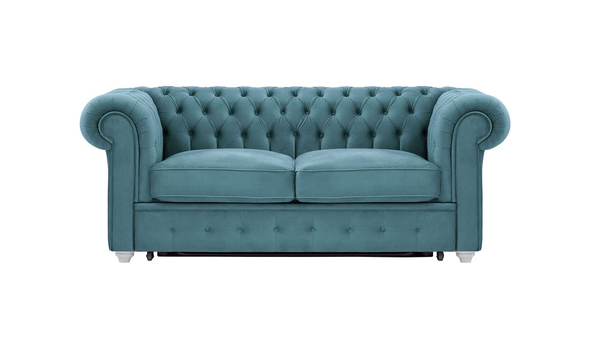Chesterfield Max Borneo – Canapé deux places convertible, bleu - Velluto 12, Couleur des pieds: Blanc
