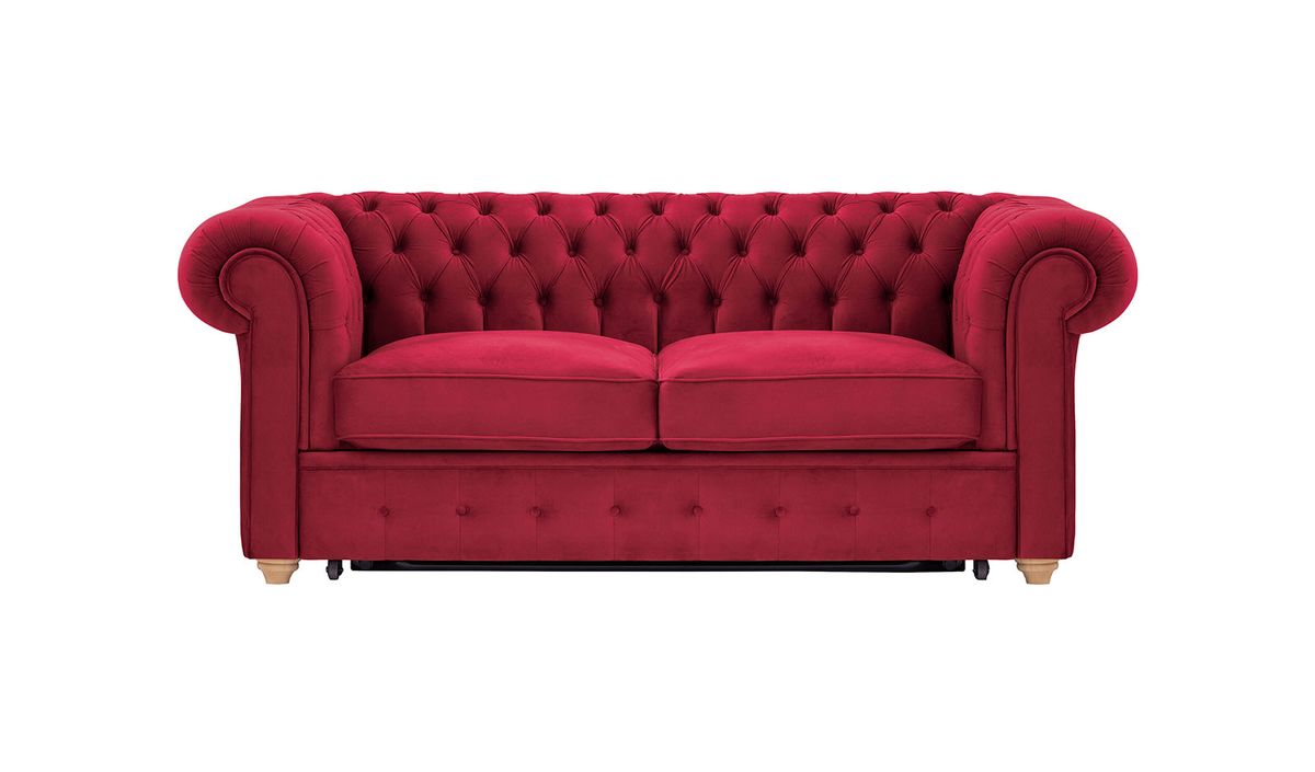 Chesterfield Max Borneo – Canapé deux places convertible, rouge - Velluto 7, Couleur des pieds: Chêne clair