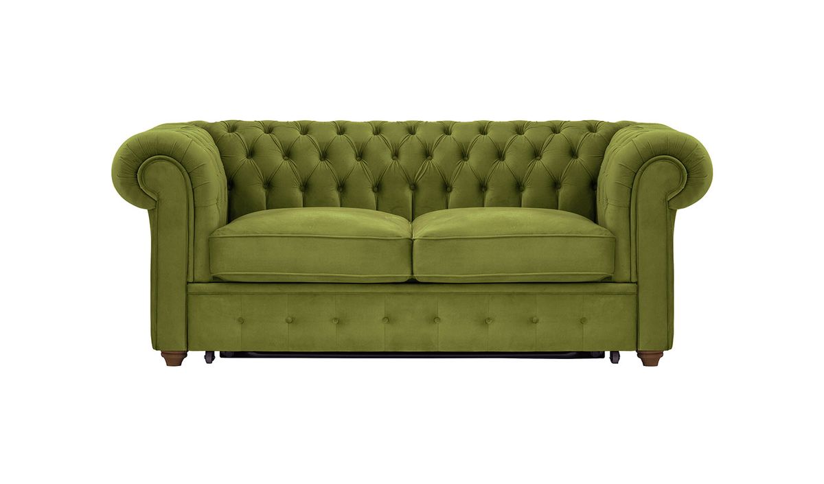 Chesterfield Max Borneo – Canapé deux places convertible, olive - Velluto 9, Couleur des pieds: Chêne foncé