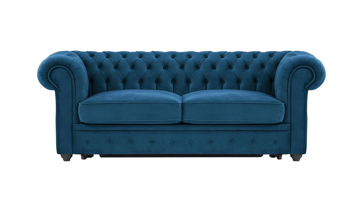Chesterfield Max Borneo – Canapé trois places convertible avec sommier, bleu - Velluto 11, Couleur des pieds: Noir